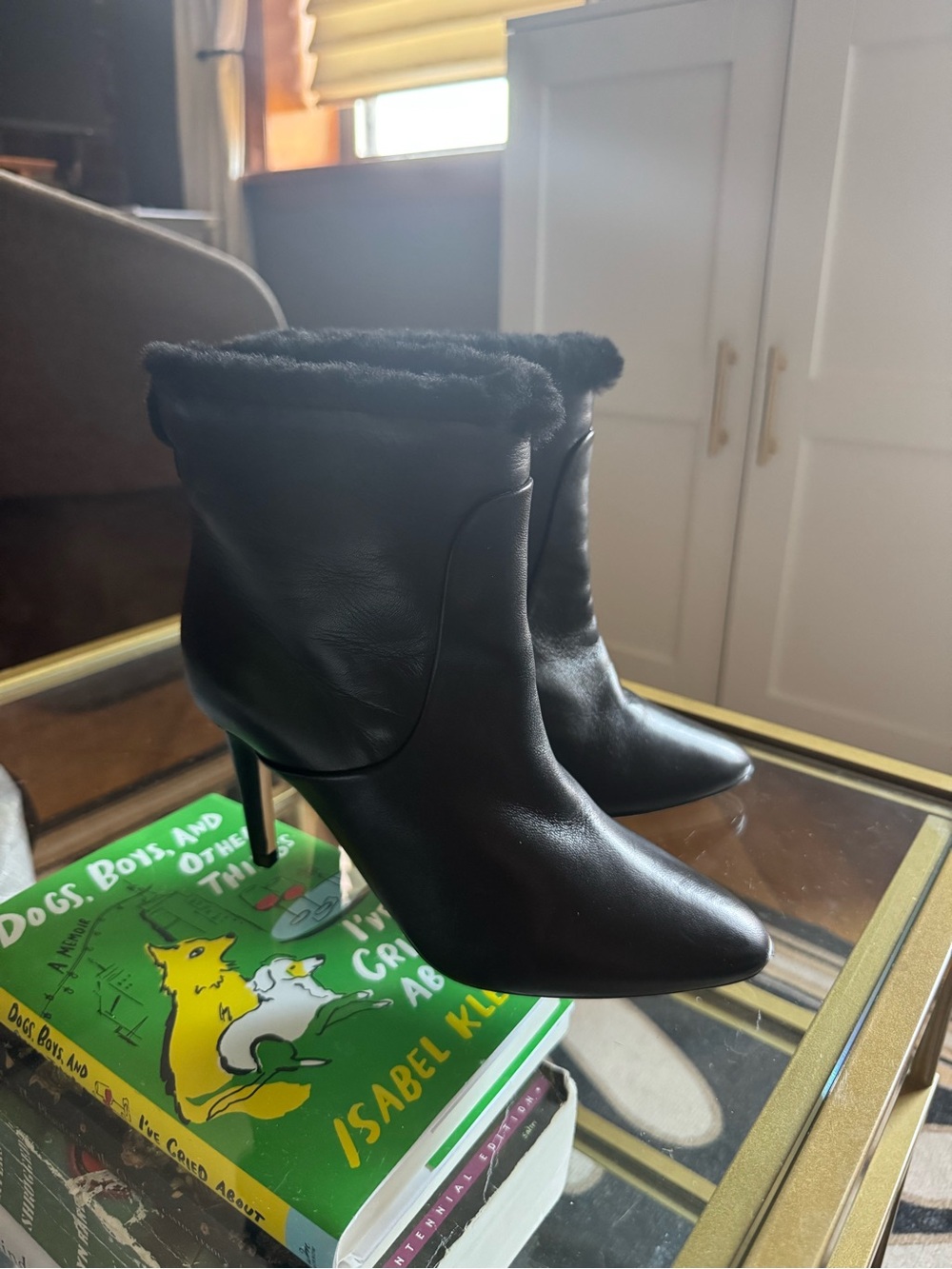 Black Faux-Fur Trim Stiletto Ankle Boots